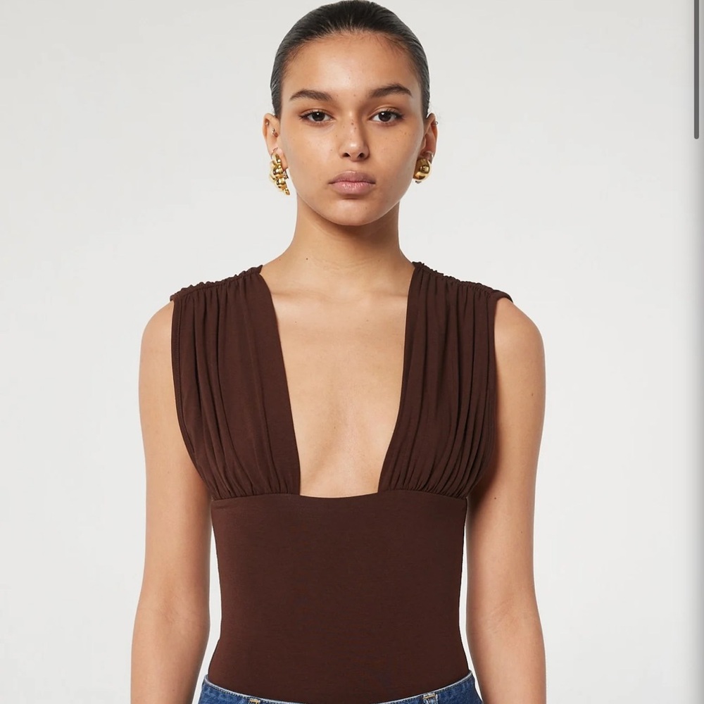 The Line by K Brown Deep V Pleated-Shoulder Bodysuit